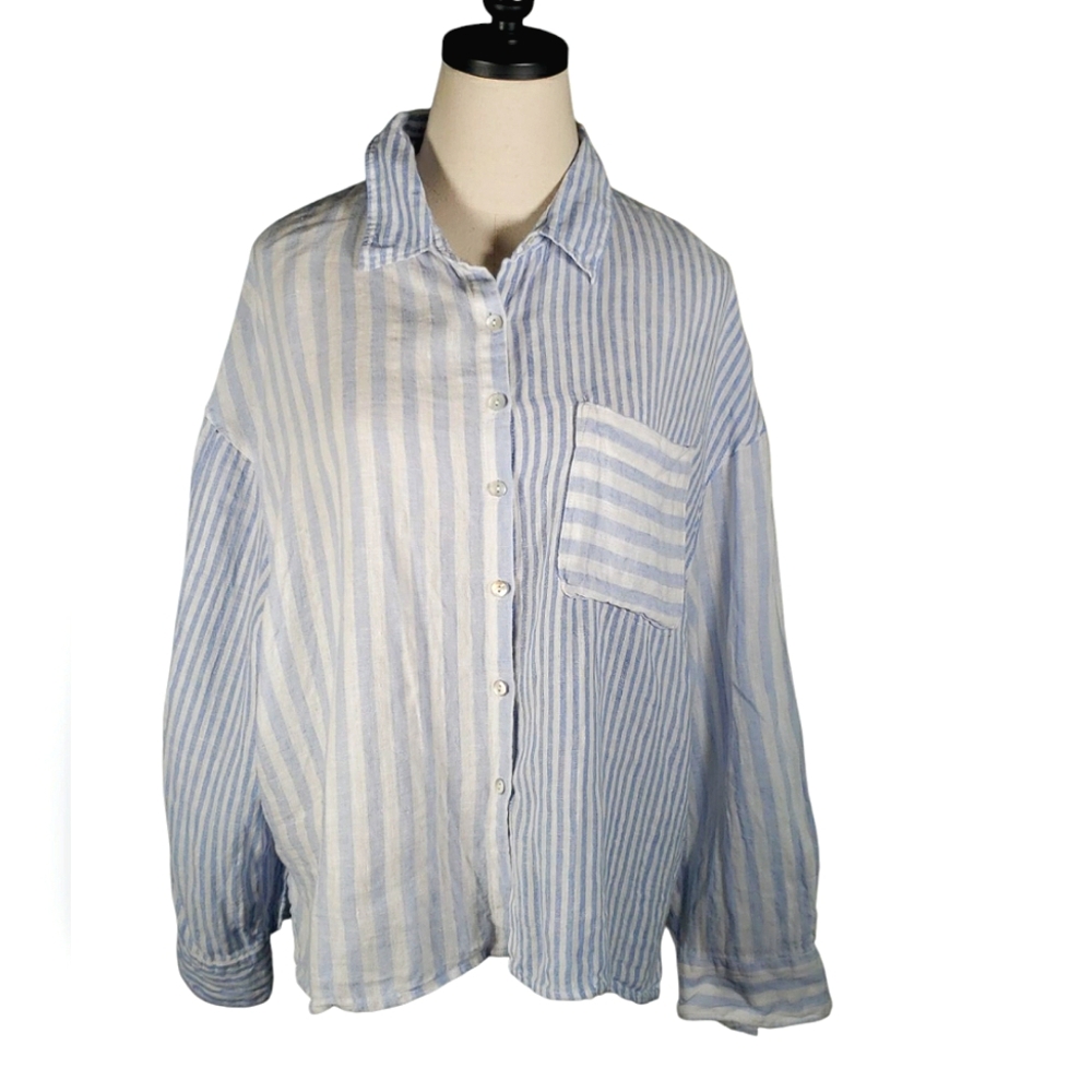 Nicole Miller Blue and White Striped Button Down Shirt